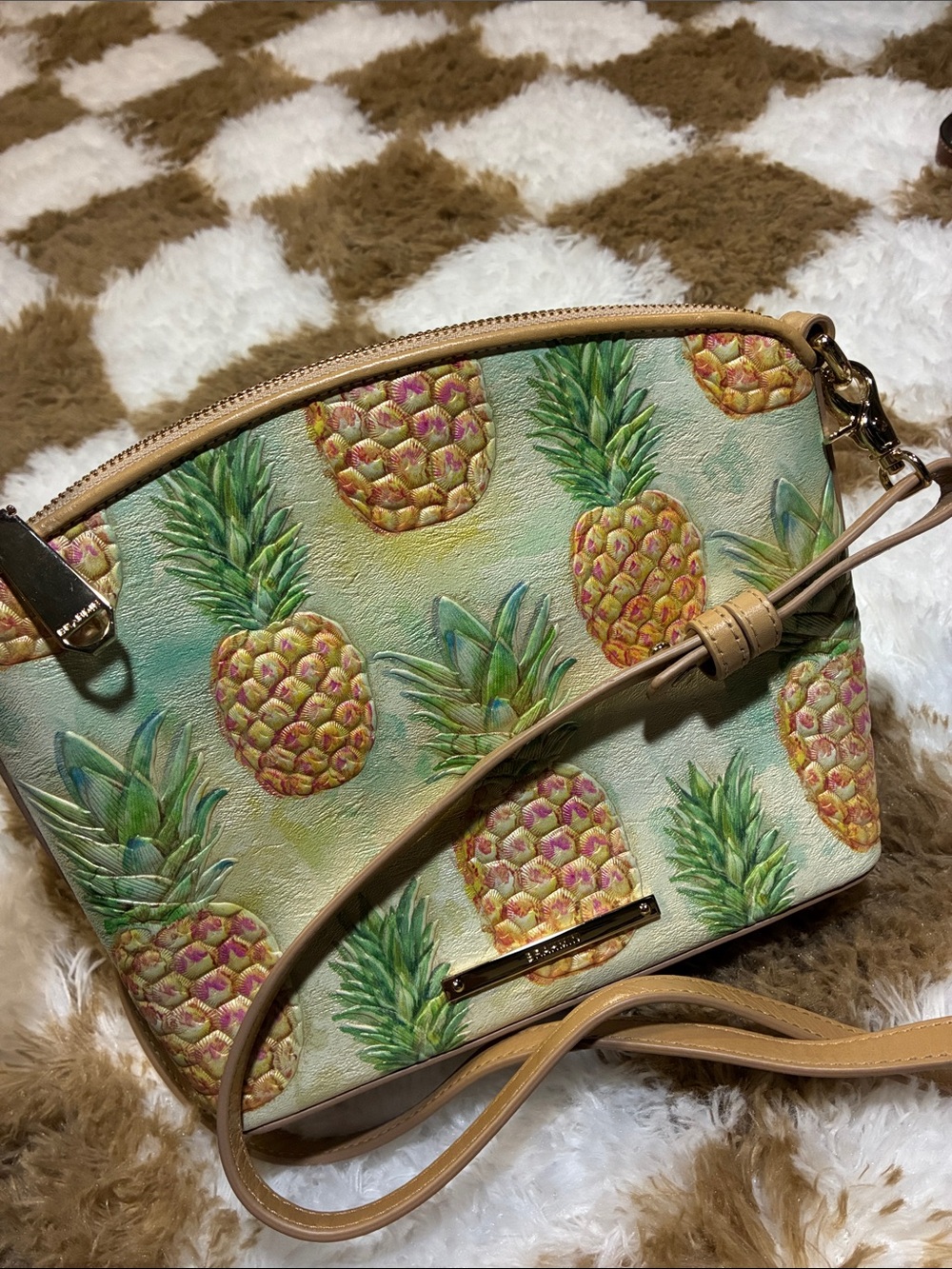 Brahmin Pineapple Print Crossbody in Tan and Green